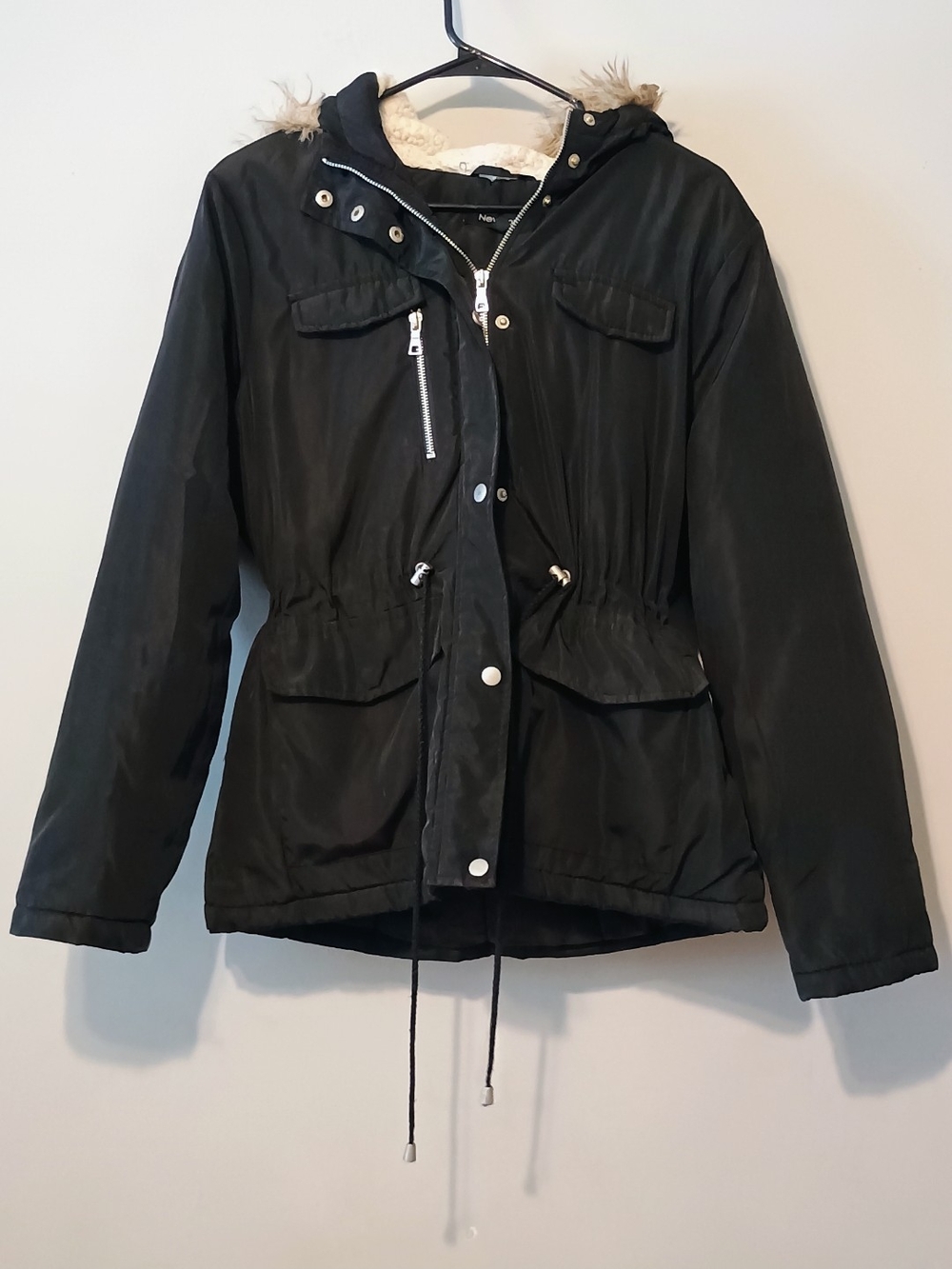 New Look Girls Black Hooded Parka Jacket L Short Faux Fur Trim Zip Snap